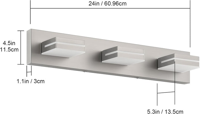 SineRise LED Modern Bathroom Vanity Light Fixtures (3-Light, 24-Inch), Brushed Nickel Modern Acrylic Bathroom Wall Lighting Fixtures Over Mirror (Cool White 6000K)