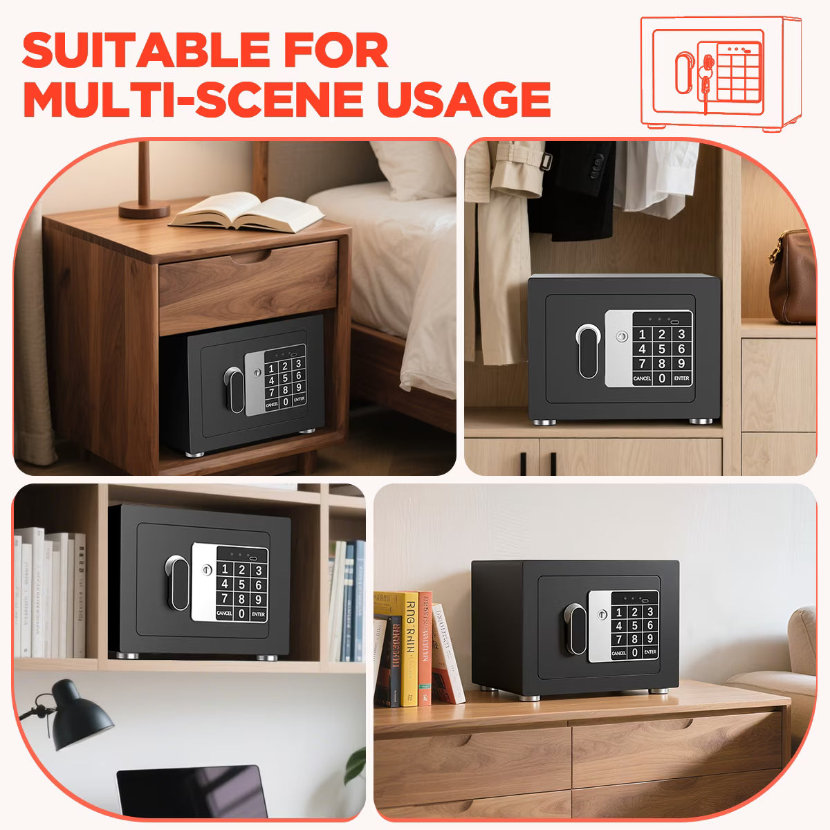 0.25 Feet Cubic Safe Box, Money Lock Safes with Digital Keypad, USB Cable and Sensor Light, Security Safe for Home Office Hotel (Black)