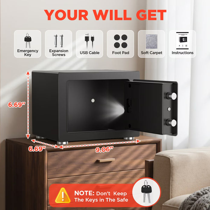 0.25 Feet Cubic Safe Box, Money Lock Safes with Digital Keypad, USB Cable and Sensor Light, Security Safe for Home Office Hotel (Black)