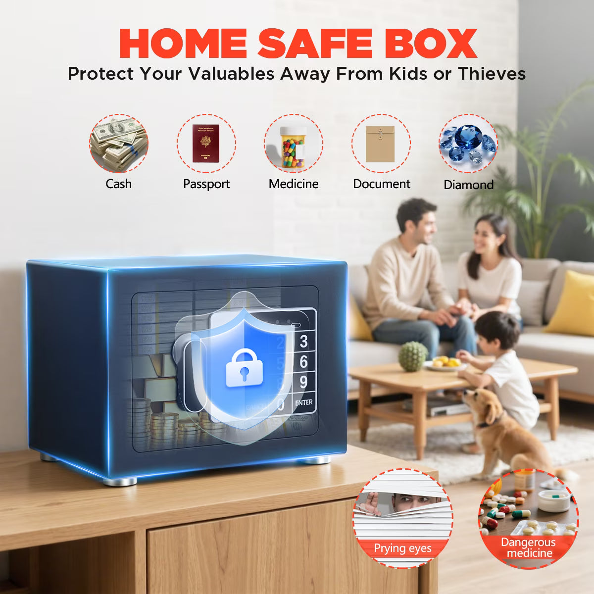 0.25 Feet Cubic Safe Box, Money Lock Safes with Digital Keypad, USB Cable and Sensor Light, Security Safe for Home Office Hotel (Black)