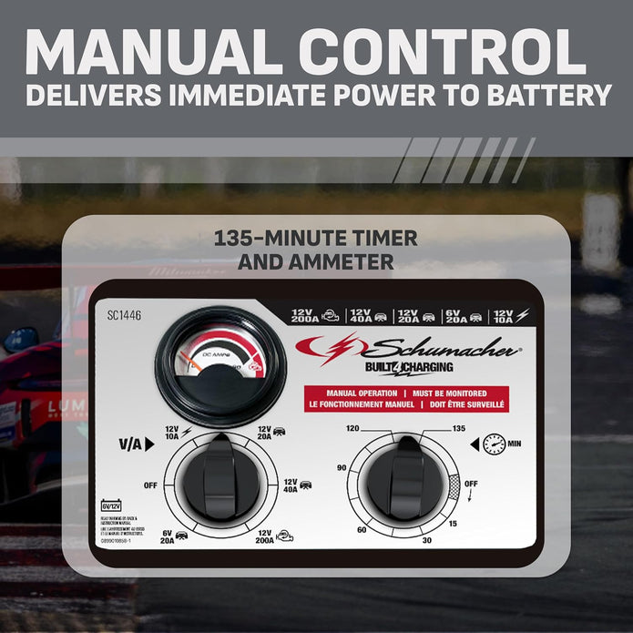 Schumacher Electric Manual Battery Charger & Engine Starter – 6V/12V 200A Heavy-Duty Auto Battery Charger with 40A Boost Mode, Color-Coded Clamps, 6-Foot Output Cables & Rugged Design SC1446