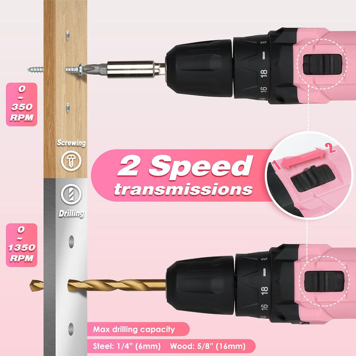SHALL 43-Piece Pink Cordless Drill Set, 12V Electric Drill, 3/8