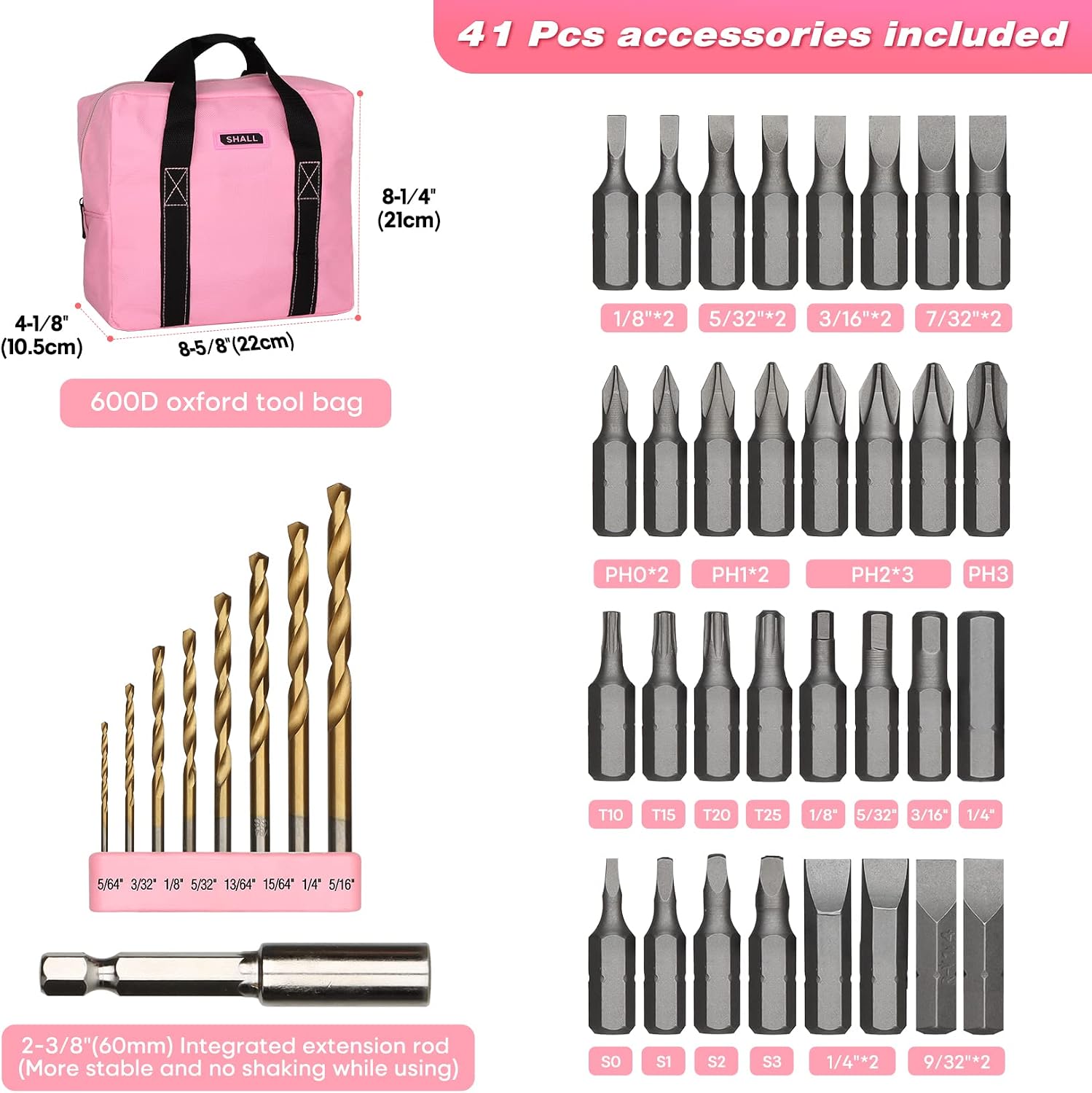 SHALL 43-Piece Pink Cordless Drill Set, 12V Electric Drill, 3/8