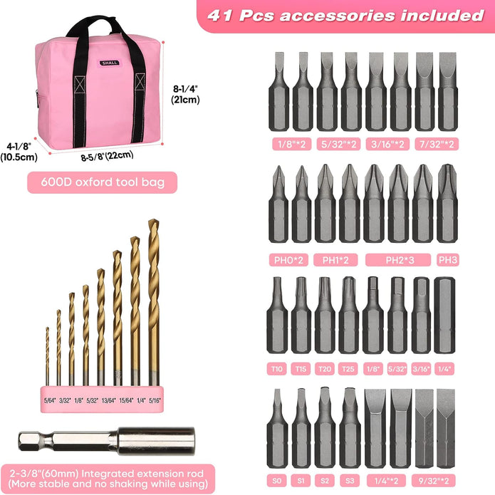 SHALL 43-Piece Pink Cordless Drill Set, 12V Electric Drill, 3/8