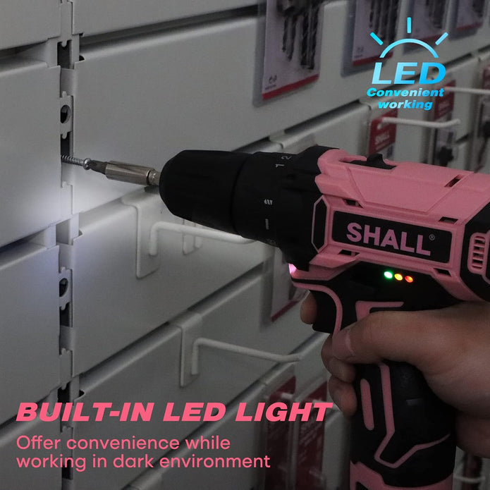 SHALL 43-Piece Pink Cordless Drill Set, 12V Electric Drill, 3/8