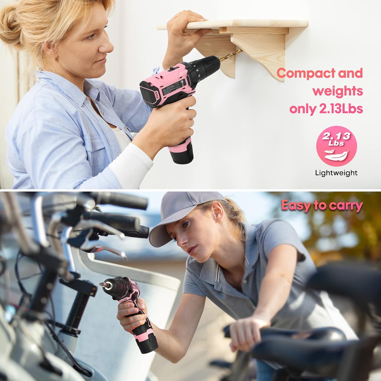 SHALL 43-Piece Pink Cordless Drill Set, 12V Electric Drill, 3/8