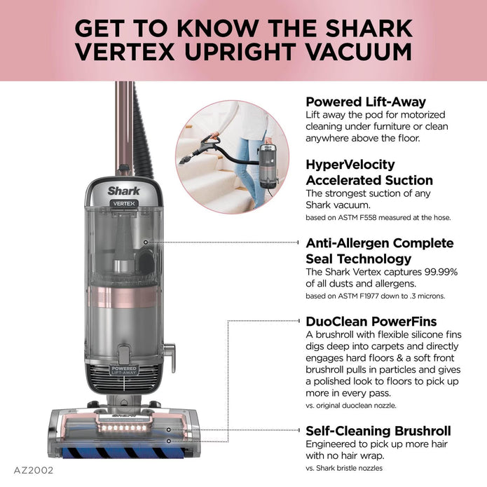 Shark Vertex DuoClean PowerFin Upright Vacuum with Powered Lift-Away and Self-Cleaning Brushroll, Rose Gold