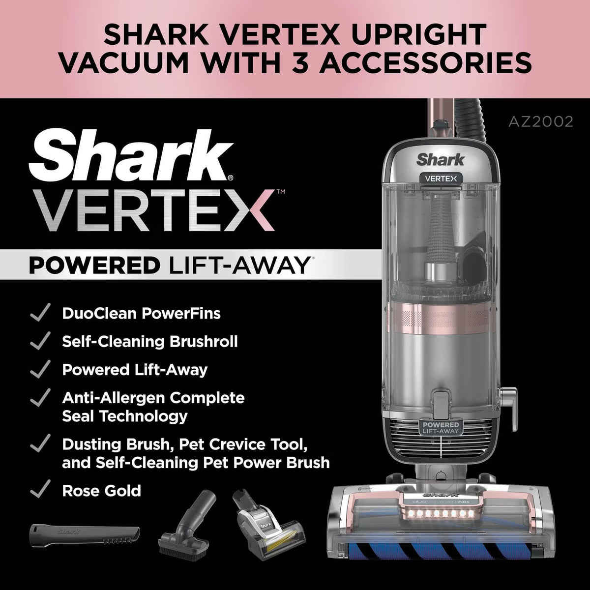 Shark Vertex DuoClean PowerFin Upright Vacuum with Powered Lift-Away and Self-Cleaning Brushroll, Rose Gold