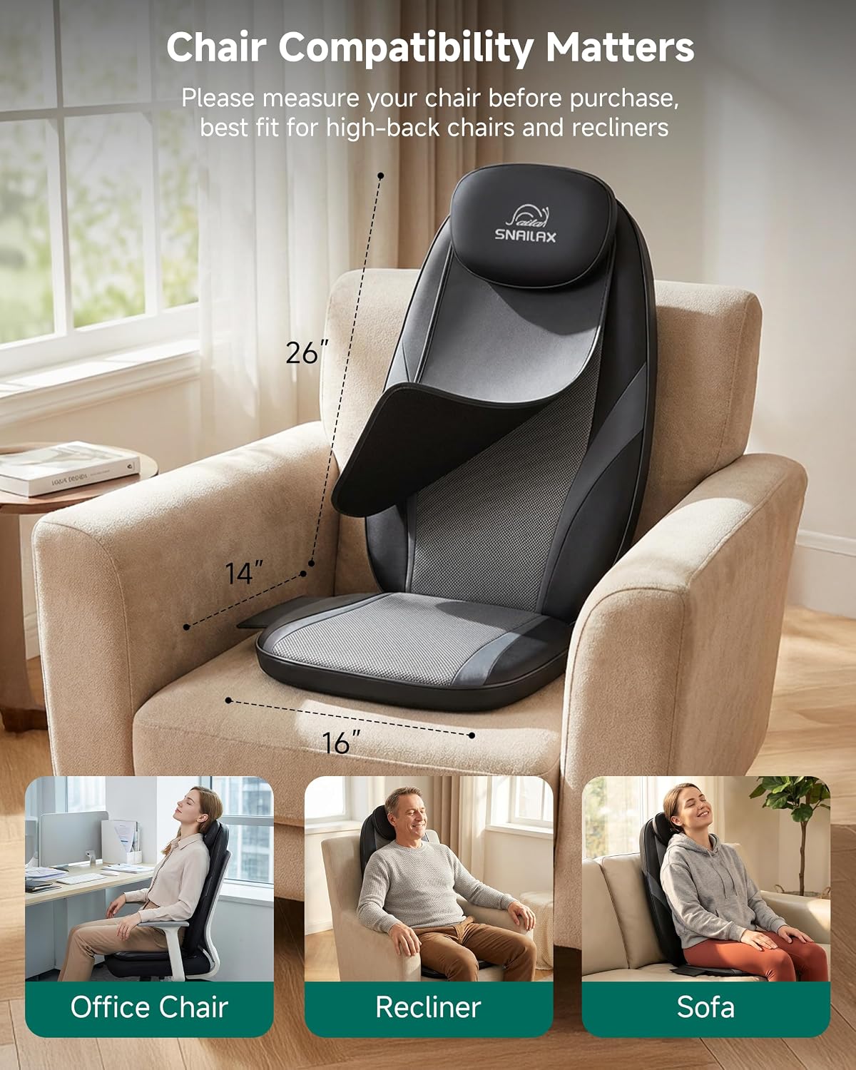 Snailax Shiatsu Massage Seat Cushion, Back Massager with Heat, Massage Chair Seat Massage for Full Back, Kneading Back Massager