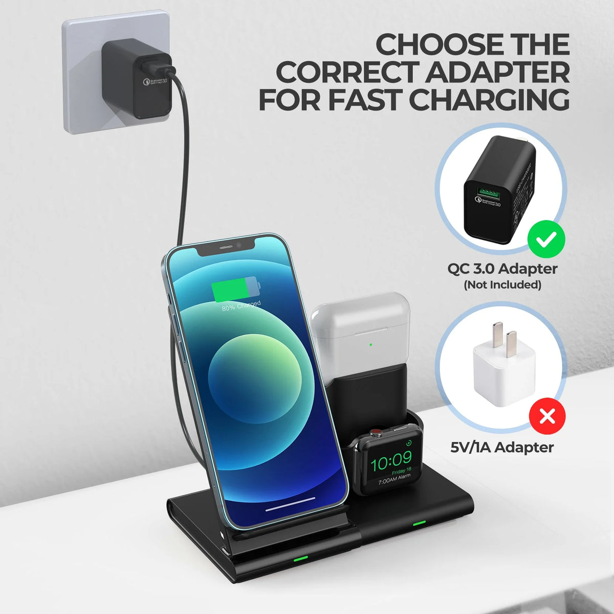 NEW Seneo PA191B 3 in 1 Wireless Charging Stand with iWatch and AirPods