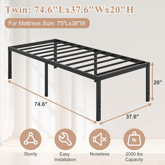 20 Inch Twin Size Bed Frame, No Box Spring Needed, Heavy Duty Black Metal Platform Mattress Foundation with Steel Slats, Non-Slip Noise Free Easy Assembly, Large Storage