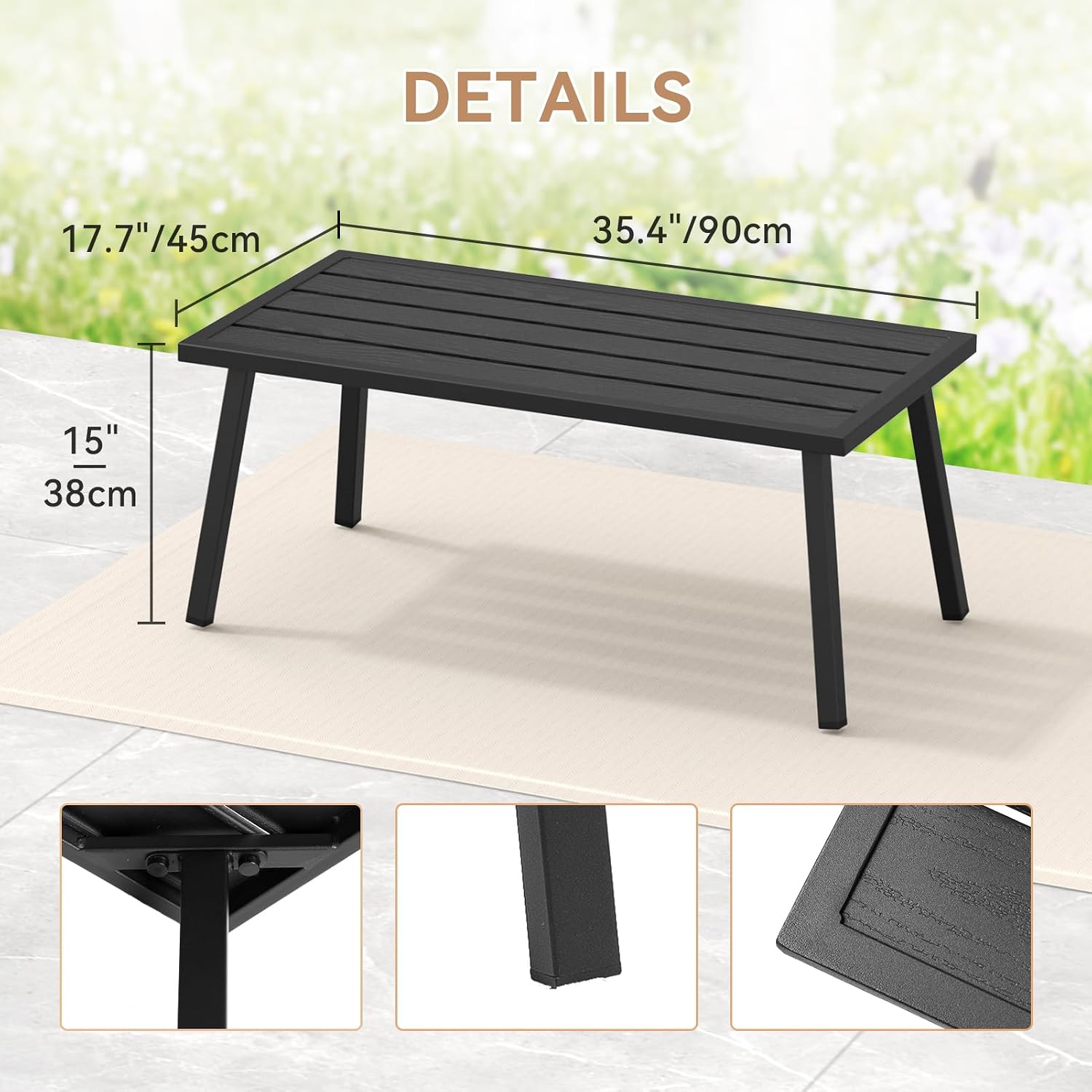 Small Metal Outdoor Coffee Side Table for Outside Patio, Rectangle, Black