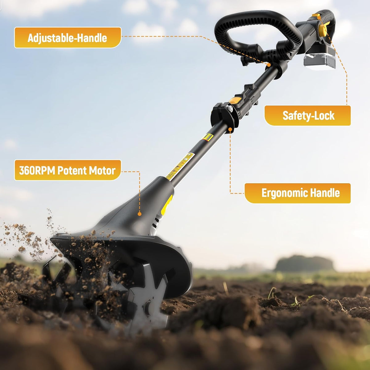 Cordless Tiller Cultivator Fit for DeWALT 20v Max Battery, 360RPM Electric Rototiller 20CM Tilling Width & 13CM Depth for Gardening & Farming(Battery not Included)