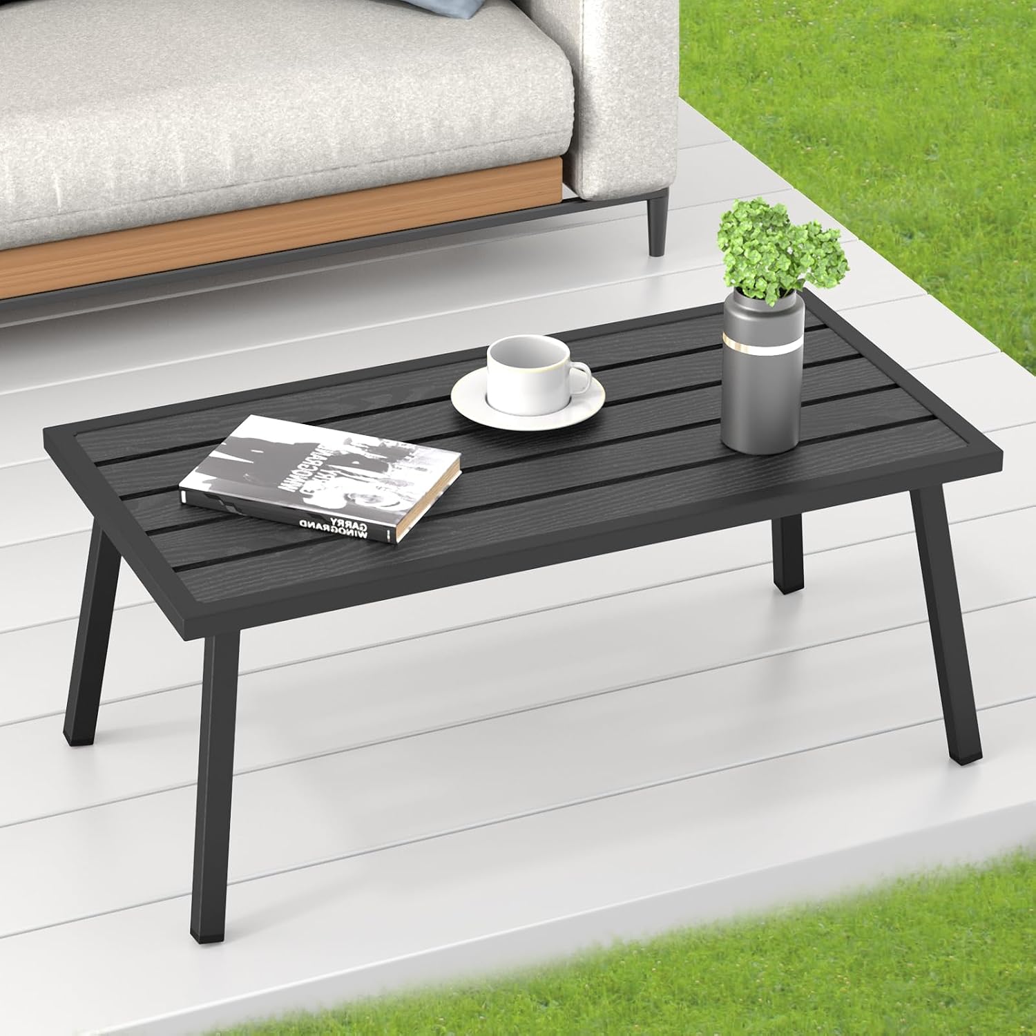 Small Metal Outdoor Coffee Side Table for Outside Patio, Rectangle, Black