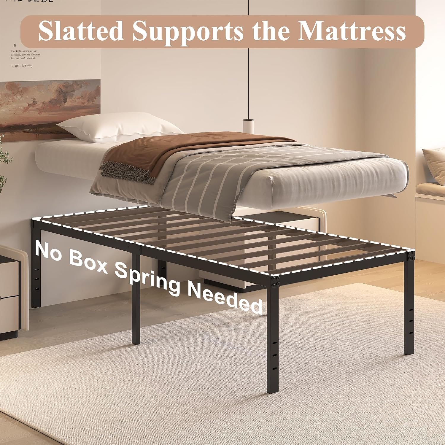 20 Inch Twin Size Bed Frame, No Box Spring Needed, Heavy Duty Black Metal Platform Mattress Foundation with Steel Slats, Non-Slip Noise Free Easy Assembly, Large Storage