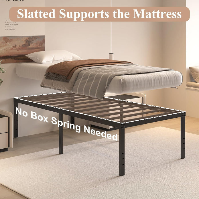 20 Inch Twin Size Bed Frame, No Box Spring Needed, Heavy Duty Black Metal Platform Mattress Foundation with Steel Slats, Non-Slip Noise Free Easy Assembly, Large Storage