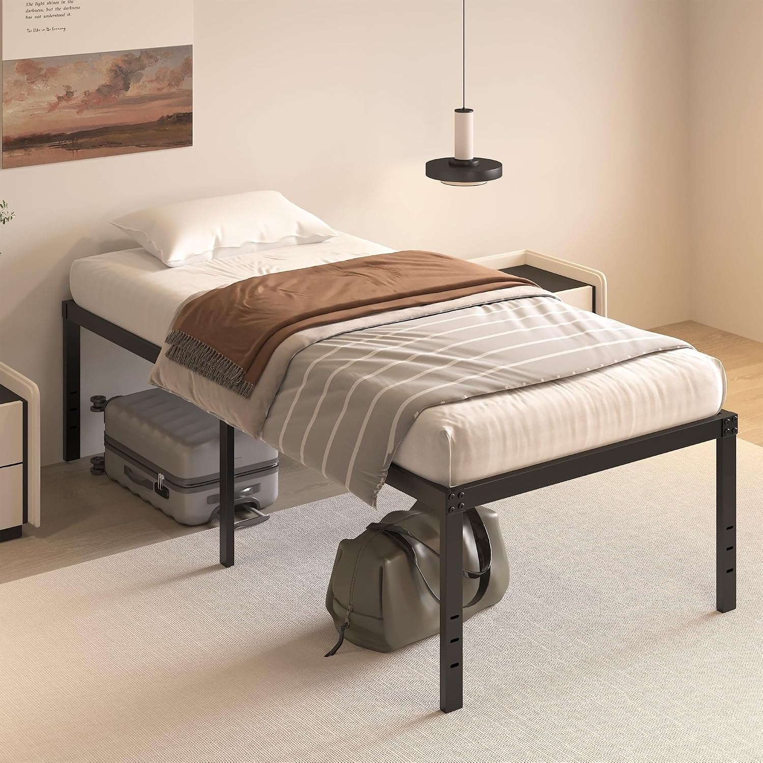 20 Inch Twin Size Bed Frame, No Box Spring Needed, Heavy Duty Black Metal Platform Mattress Foundation with Steel Slats, Non-Slip Noise Free Easy Assembly, Large Storage