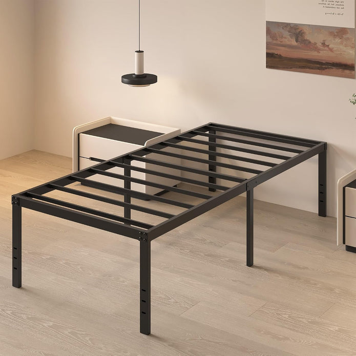 20 Inch Twin Size Bed Frame, No Box Spring Needed, Heavy Duty Black Metal Platform Mattress Foundation with Steel Slats, Non-Slip Noise Free Easy Assembly, Large Storage