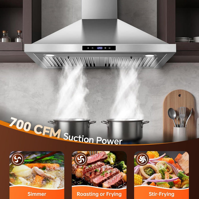 Tieasy Wall Mount Range Hood 30 inch Kitchen Hood 700 CFM with Ducted/Ductless Convertible Duct, Touch Control, Permanent Filters, Stainless Steel, 3 Speed Exhaust Fan, LED Light