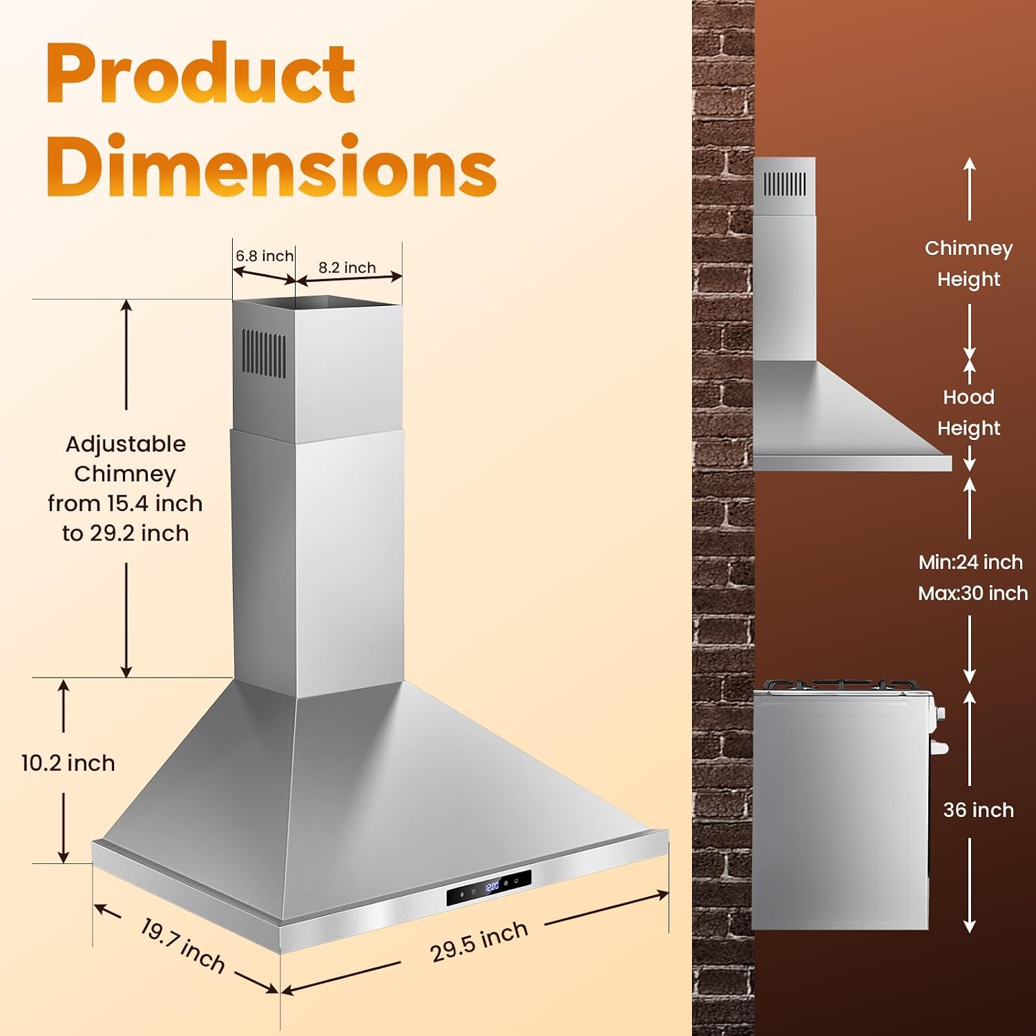 Tieasy Wall Mount Range Hood 30 inch Kitchen Hood 700 CFM with Ducted/Ductless Convertible Duct, Touch Control, Permanent Filters, Stainless Steel, 3 Speed Exhaust Fan, LED Light