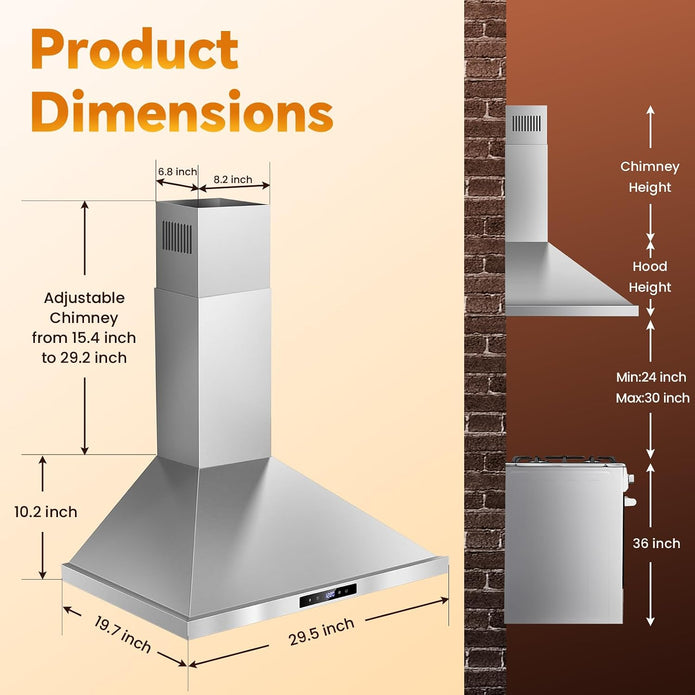 Tieasy Wall Mount Range Hood 30 inch Kitchen Hood 700 CFM with Ducted/Ductless Convertible Duct, Touch Control, Permanent Filters, Stainless Steel, 3 Speed Exhaust Fan, LED Light