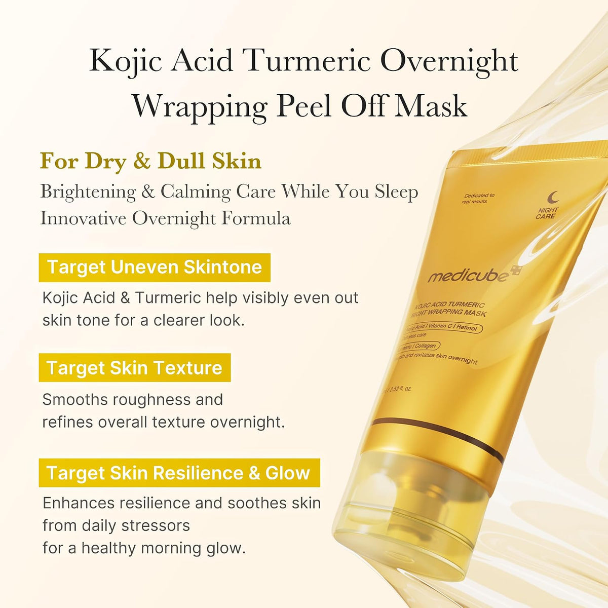 medicube Kojic Acid Turmeric Overnight Wrapping Peel Off Mask – Brightens & Defends Against Skin Stress for a Clear, Glowing Complexion, Korean Skincare, 2.53 fl. oz.