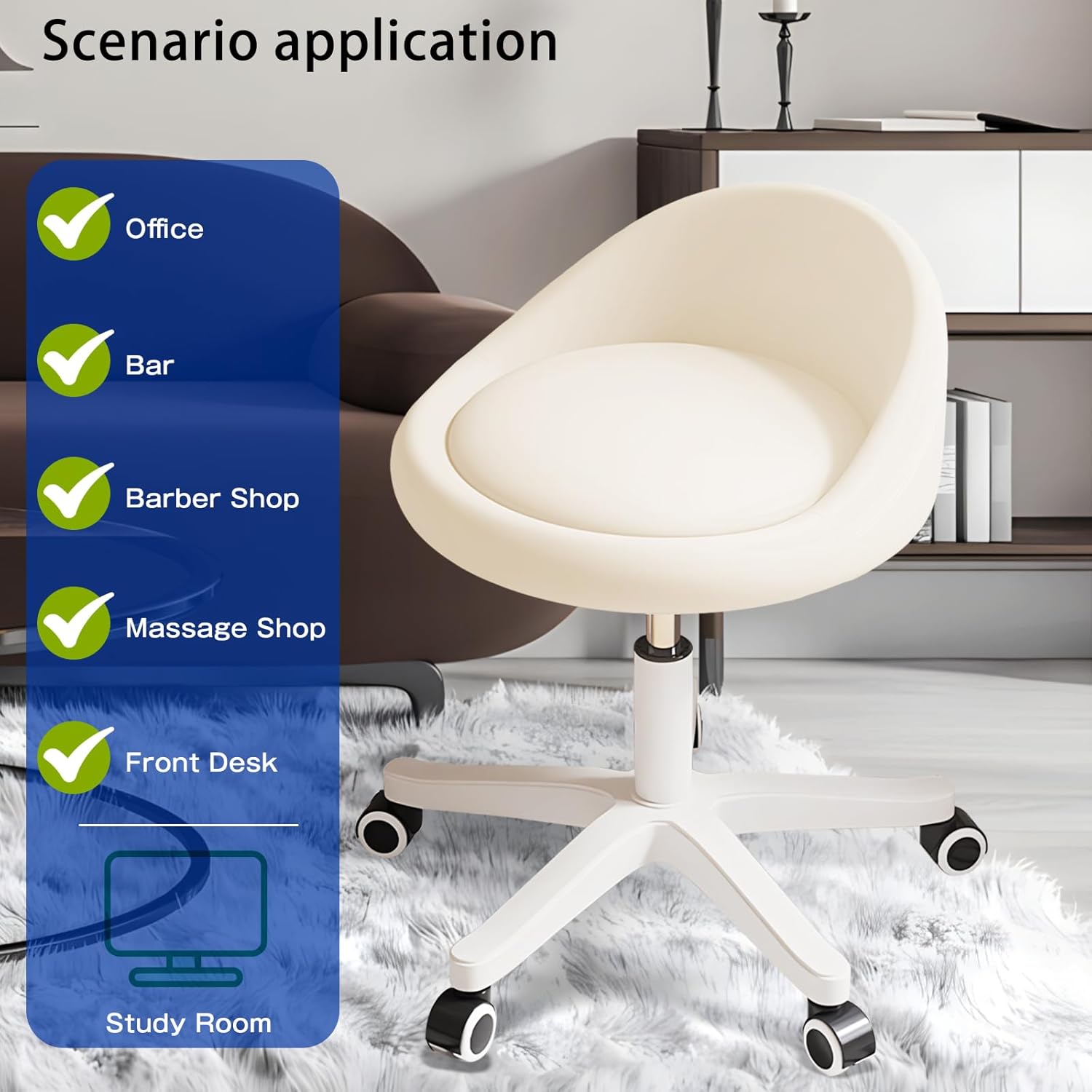 Rolling Stool – Ergonomic Swivel Seat, Adjustable Height, Ultra-Quiet Wheels, Padded PU Leather Cushion