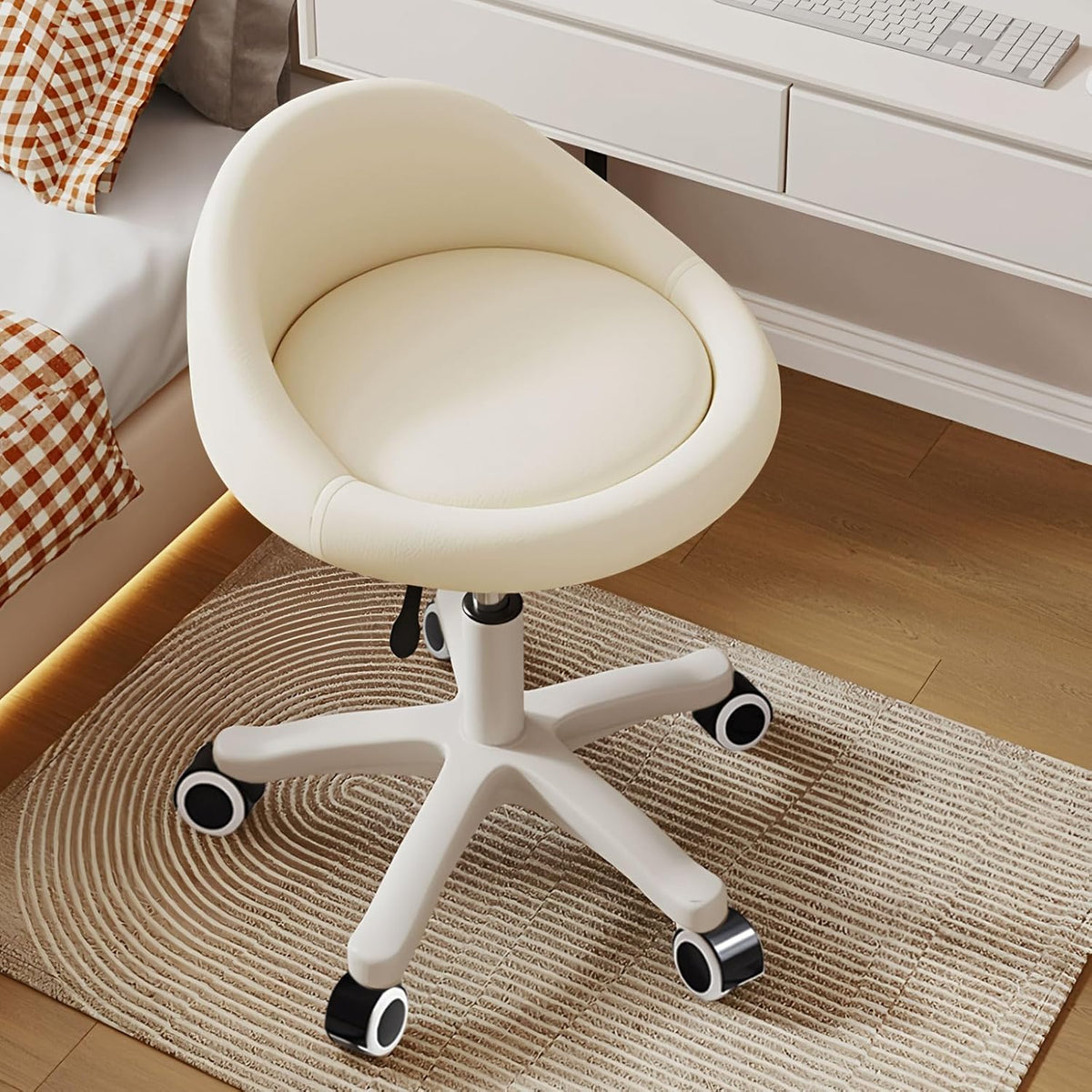 Rolling Stool – Ergonomic Swivel Seat, Adjustable Height, Ultra-Quiet Wheels, Padded PU Leather Cushion