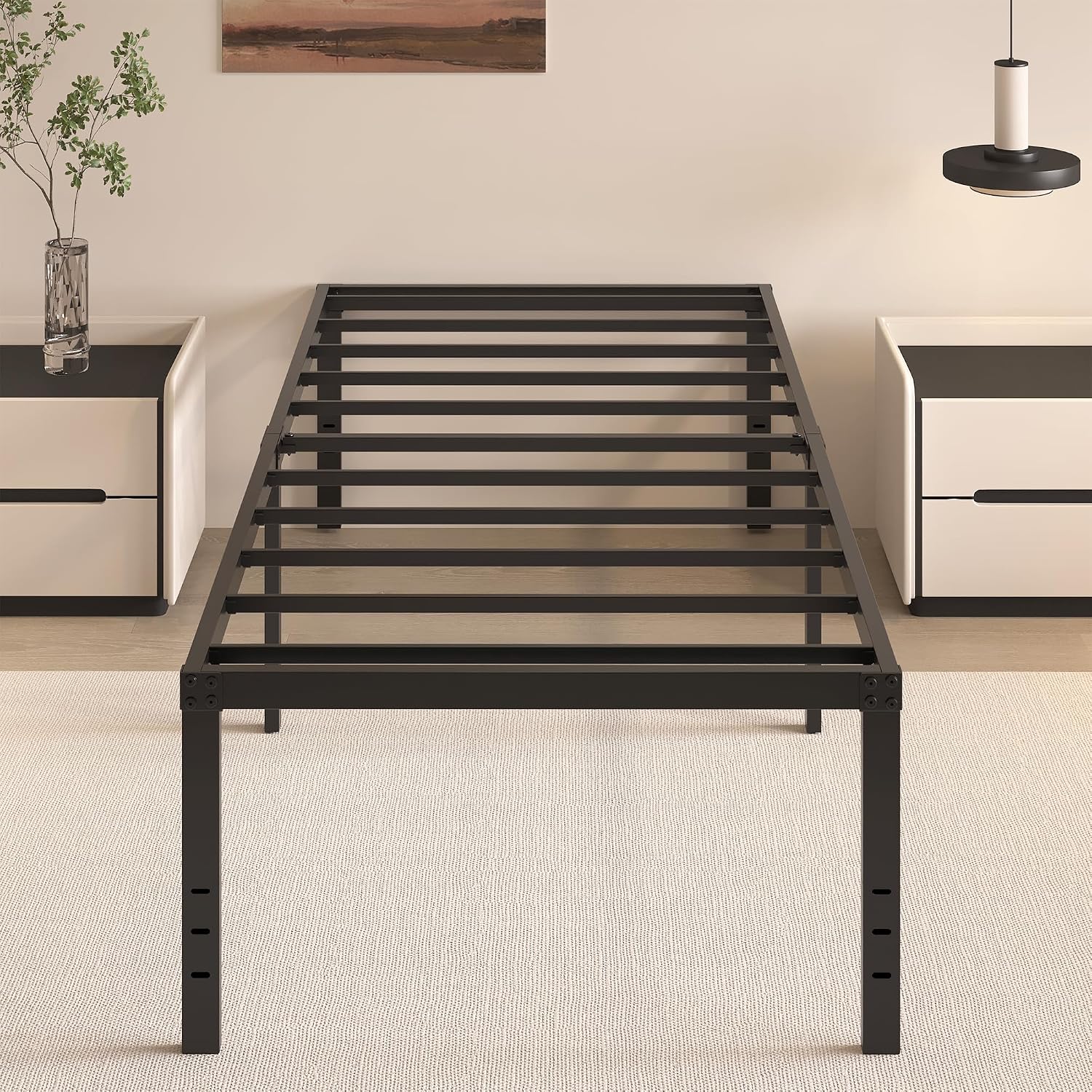 20 Inch Twin Size Bed Frame, No Box Spring Needed, Heavy Duty Black Metal Platform Mattress Foundation with Steel Slats, Non-Slip Noise Free Easy Assembly, Large Storage