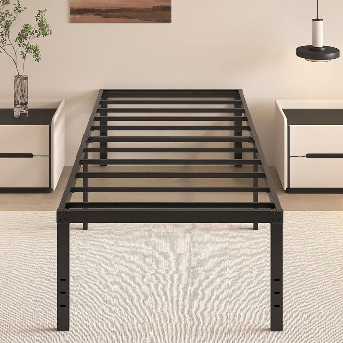 20 Inch Twin Size Bed Frame, No Box Spring Needed, Heavy Duty Black Metal Platform Mattress Foundation with Steel Slats, Non-Slip Noise Free Easy Assembly, Large Storage