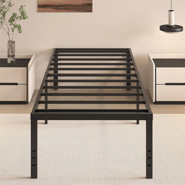 20 Inch Twin Size Bed Frame, No Box Spring Needed, Heavy Duty Black Metal Platform Mattress Foundation with Steel Slats, Non-Slip Noise Free Easy Assembly, Large Storage
