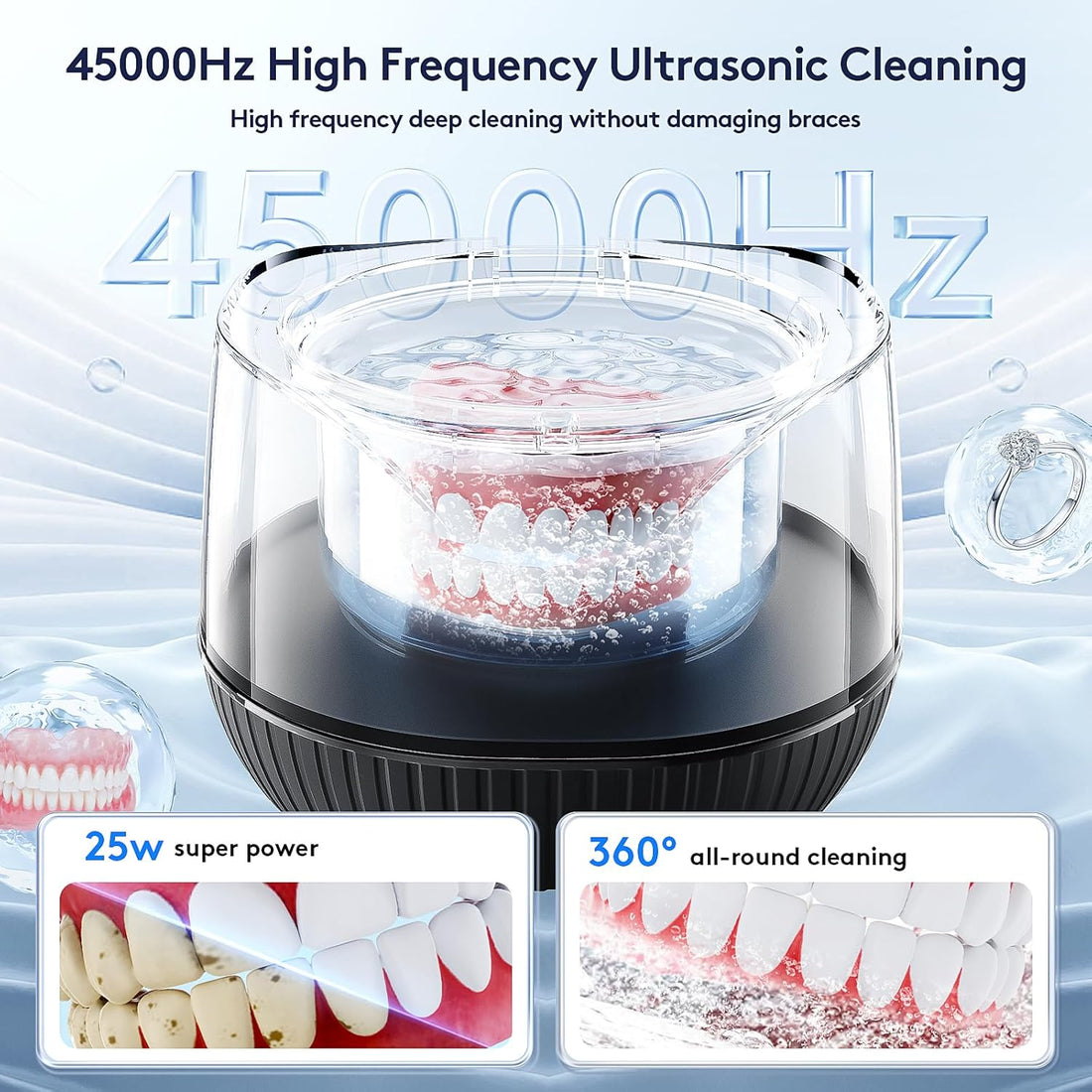 Ultrasonic Retainer Cleaner Machine, Black | Upgraded 45kHz Cleaner, 5/10 Min Sonic & Pulse Modes for Dentures, Aligners, Trays, Brush Heads, Dental Gear & Jewelry