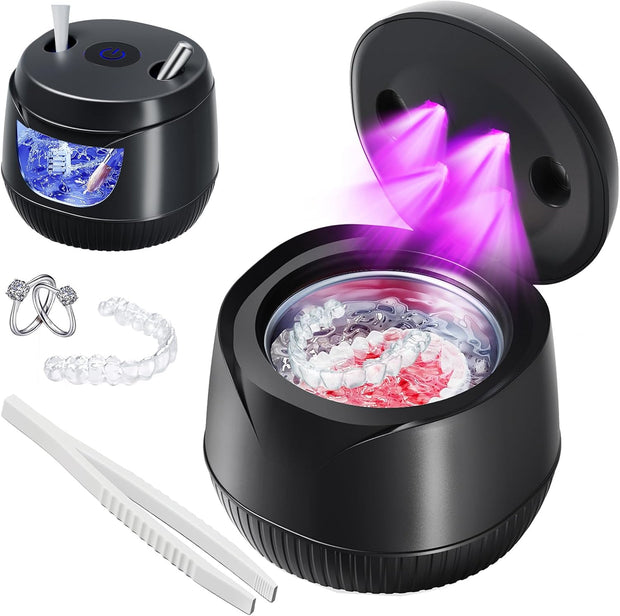 Ultrasonic Retainer Cleaner Machine, Black | Upgraded 45kHz Cleaner, 5/10 Min Sonic & Pulse Modes for Dentures, Aligners, Trays, Brush Heads, Dental Gear & Jewelry