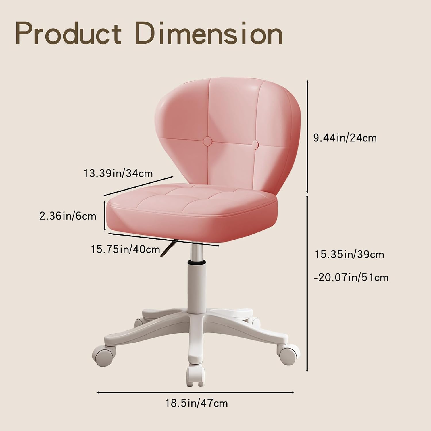 Vanity Chair with Back – Small Armless Office Chair with Wheels, Lumbar Support, PU Leather, Adjustable Height, 360° Swivel for Home, Bedroom, Office Pink Set of 1