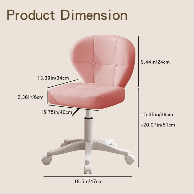 Vanity Chair with Back – Small Armless Office Chair with Wheels, Lumbar Support, PU Leather, Adjustable Height, 360° Swivel for Home, Bedroom, Office Pink Set of 1
