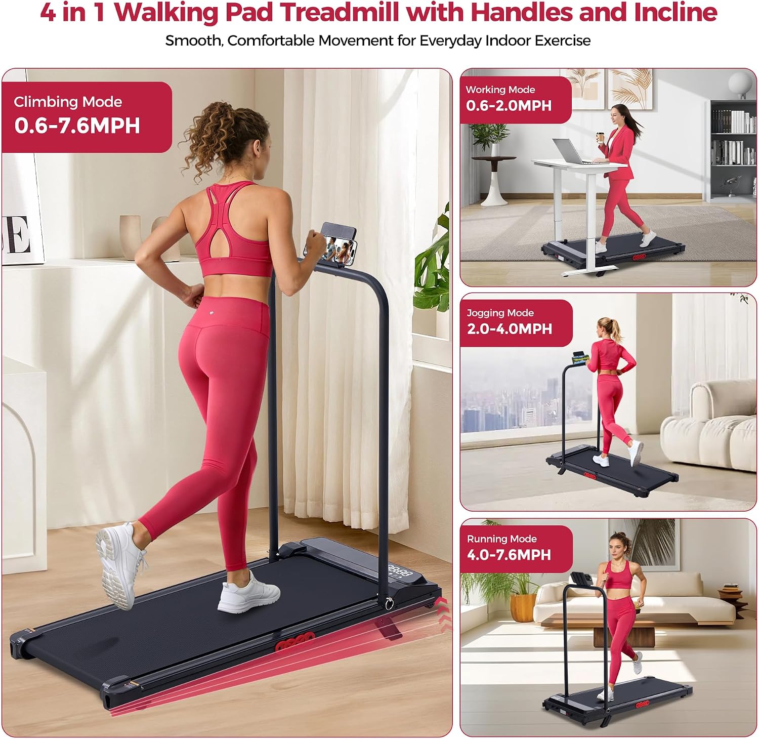 USED LIKE NEW / Walking Pad Treadmill with Incline, Portable Treadmills for Home Small Spaces, 3.0HP Electric Walking Treadmills with Handle Bar, Mini Treadmills for Exercising, 0.6-7.6MPH, 160KG