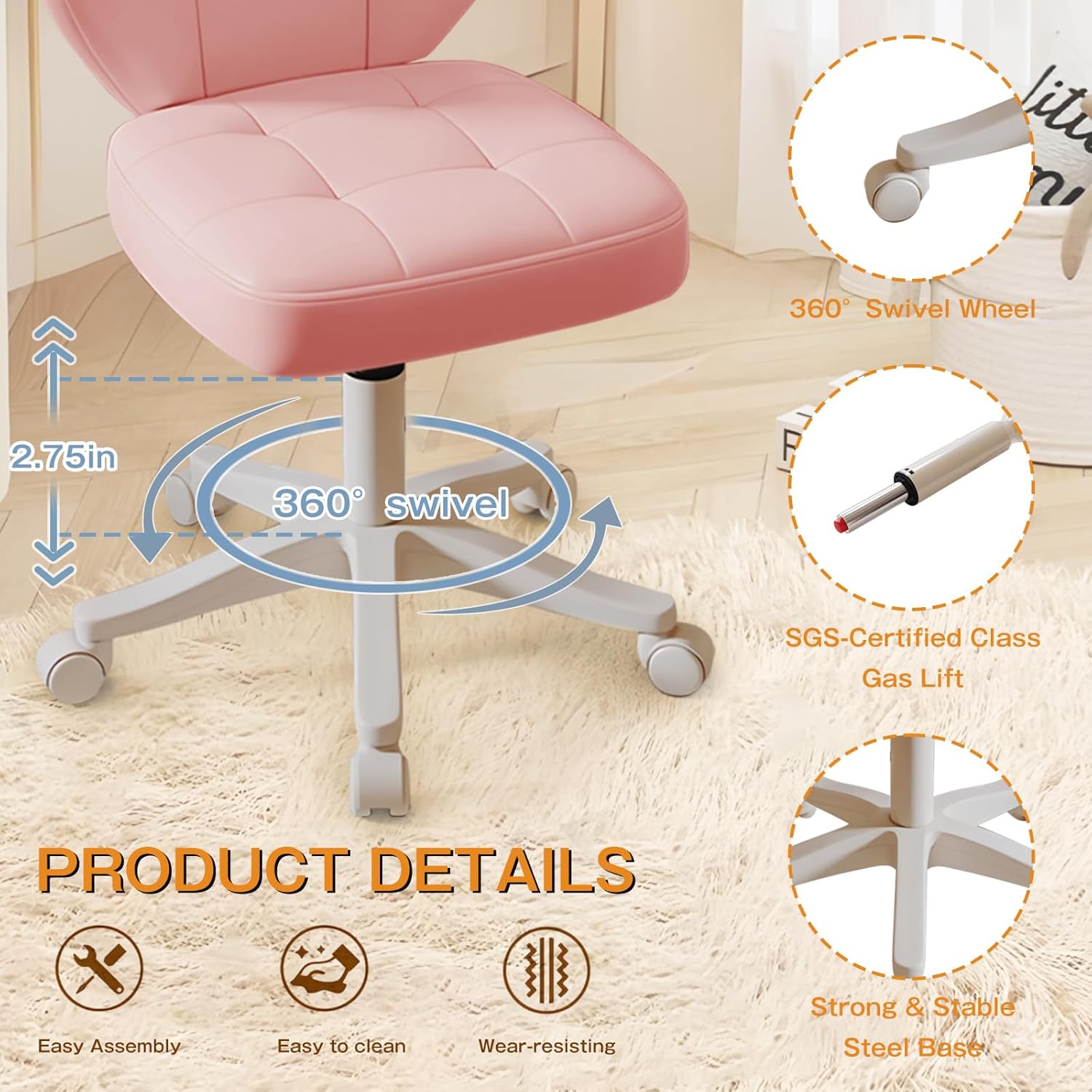 Vanity Chair with Back – Small Armless Office Chair with Wheels, Lumbar Support, PU Leather, Adjustable Height, 360° Swivel for Home, Bedroom, Office Pink Set of 1