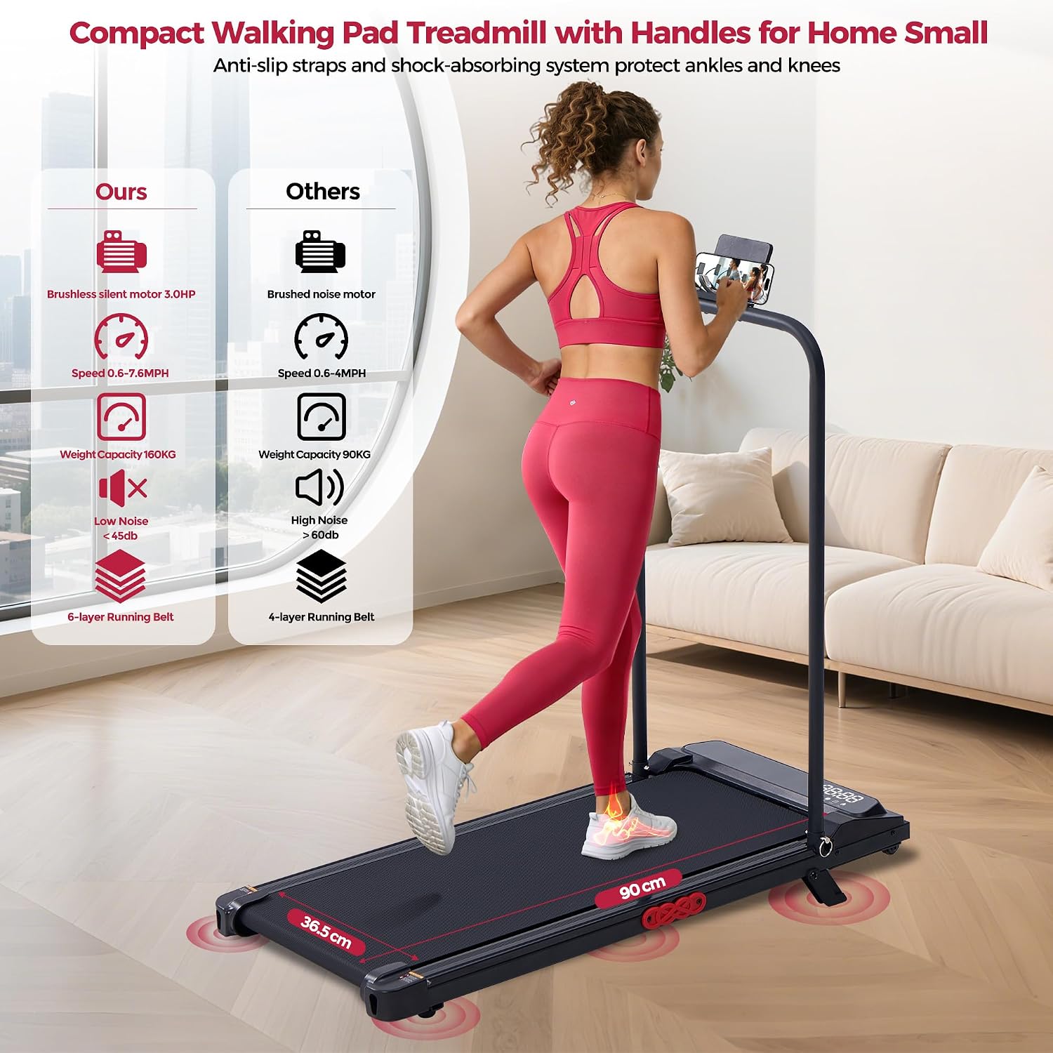 USED LIKE NEW / Walking Pad Treadmill with Incline, Portable Treadmills for Home Small Spaces, 3.0HP Electric Walking Treadmills with Handle Bar, Mini Treadmills for Exercising, 0.6-7.6MPH, 160KG