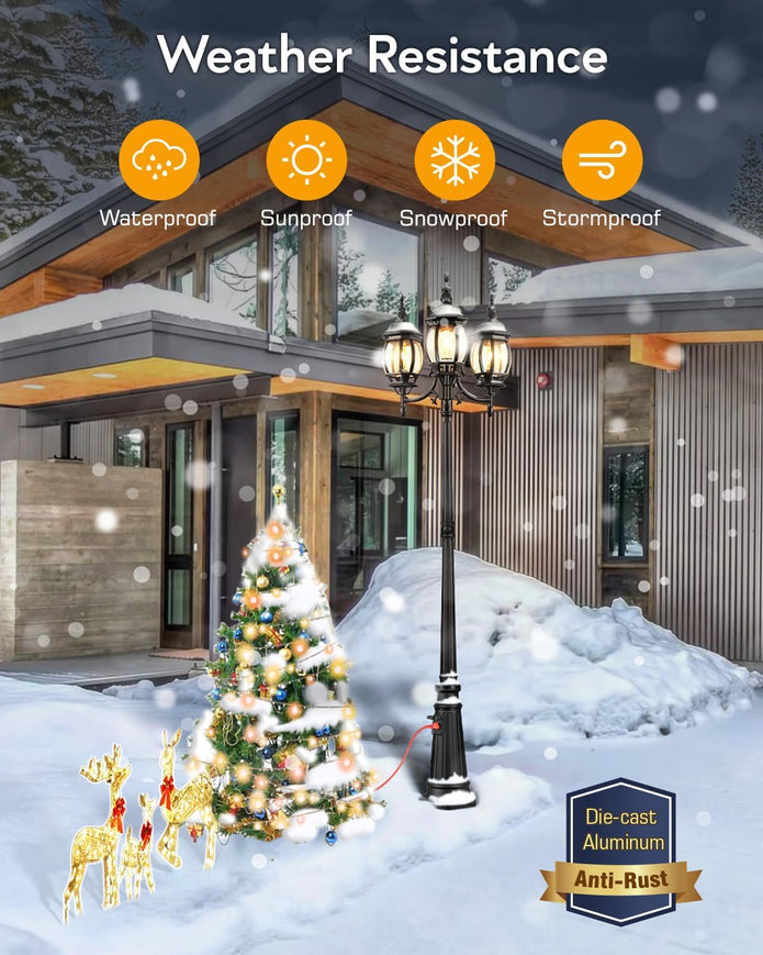 NEW / OPEN BOX VIANIS 3-Head Outdoor Lamp Post Light with Outlet, Triple Head Black Street Light Pole with Dusk to Dawn Sensor, Waterproof 100%