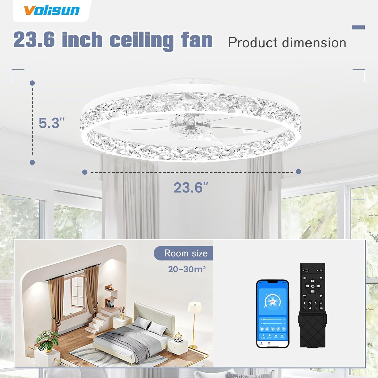 VOLISUN Low Profile Ceiling Fan with Lights and Remote, 23.6in Bladeless Ceiling Fan Light, 3000K-6500K Dimmable Modern Ceilings Fans Flush Mount