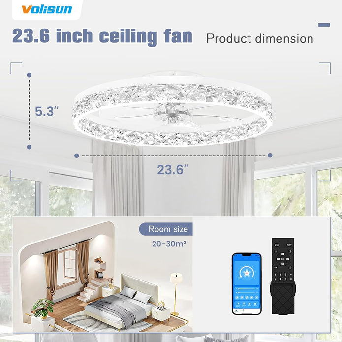 VOLISUN Low Profile Ceiling Fan with Lights and Remote, 23.6in Bladeless Ceiling Fan Light, 3000K-6500K Dimmable Modern Ceilings Fans Flush Mount