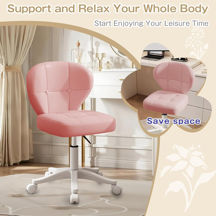 Vanity Chair with Back – Small Armless Office Chair with Wheels, Lumbar Support, PU Leather, Adjustable Height, 360° Swivel for Home, Bedroom, Office Pink Set of 1
