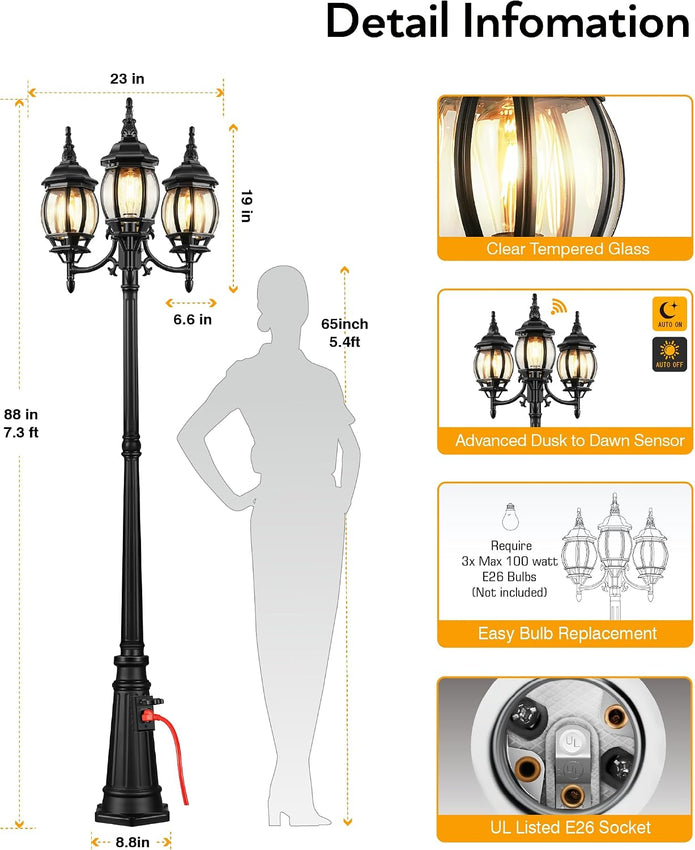 NEW / OPEN BOX VIANIS 3-Head Outdoor Lamp Post Light with Outlet, Triple Head Black Street Light Pole with Dusk to Dawn Sensor, Waterproof 100%