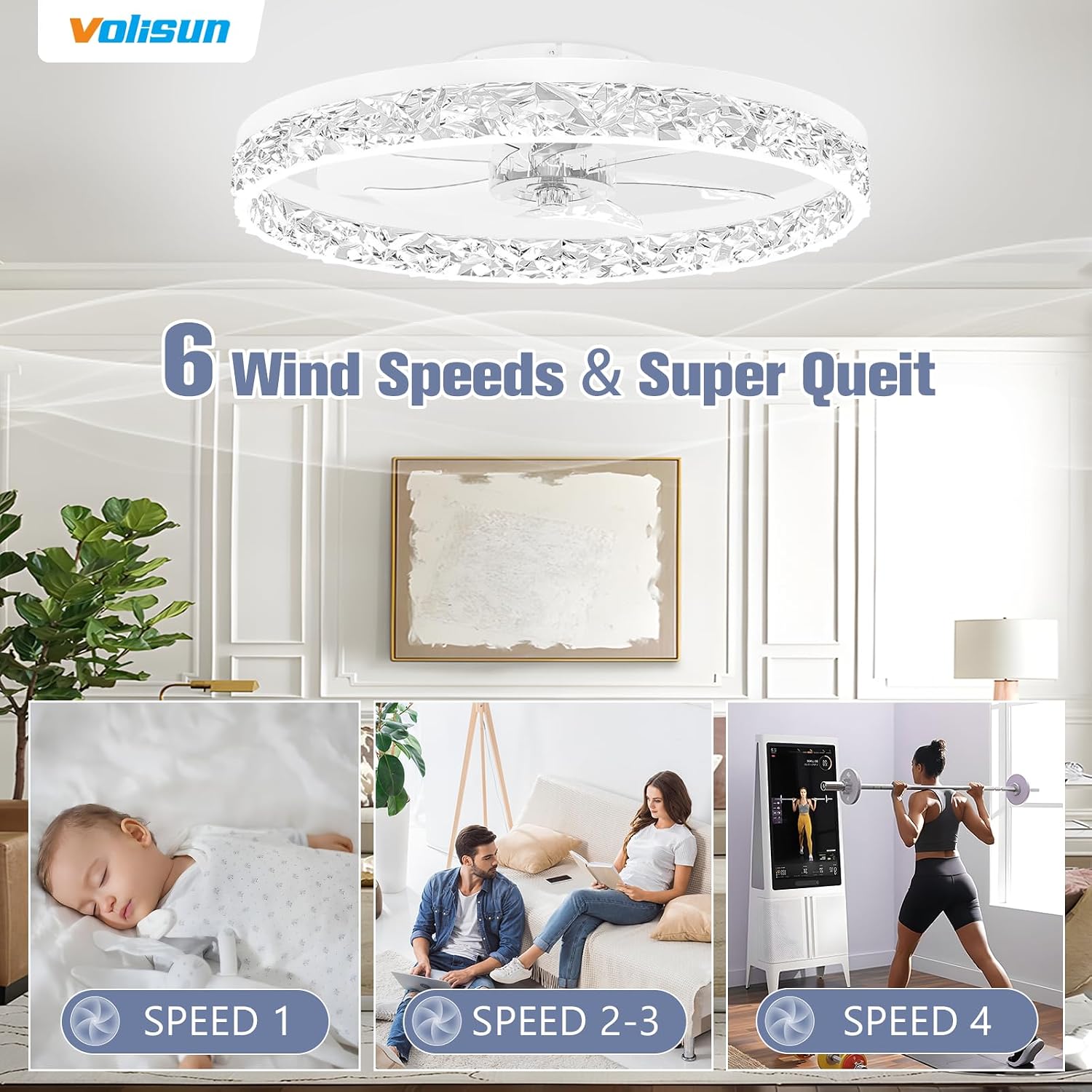 VOLISUN Low Profile Ceiling Fan with Lights and Remote, 23.6in Bladeless Ceiling Fan Light, 3000K-6500K Dimmable Modern Ceilings Fans Flush Mount