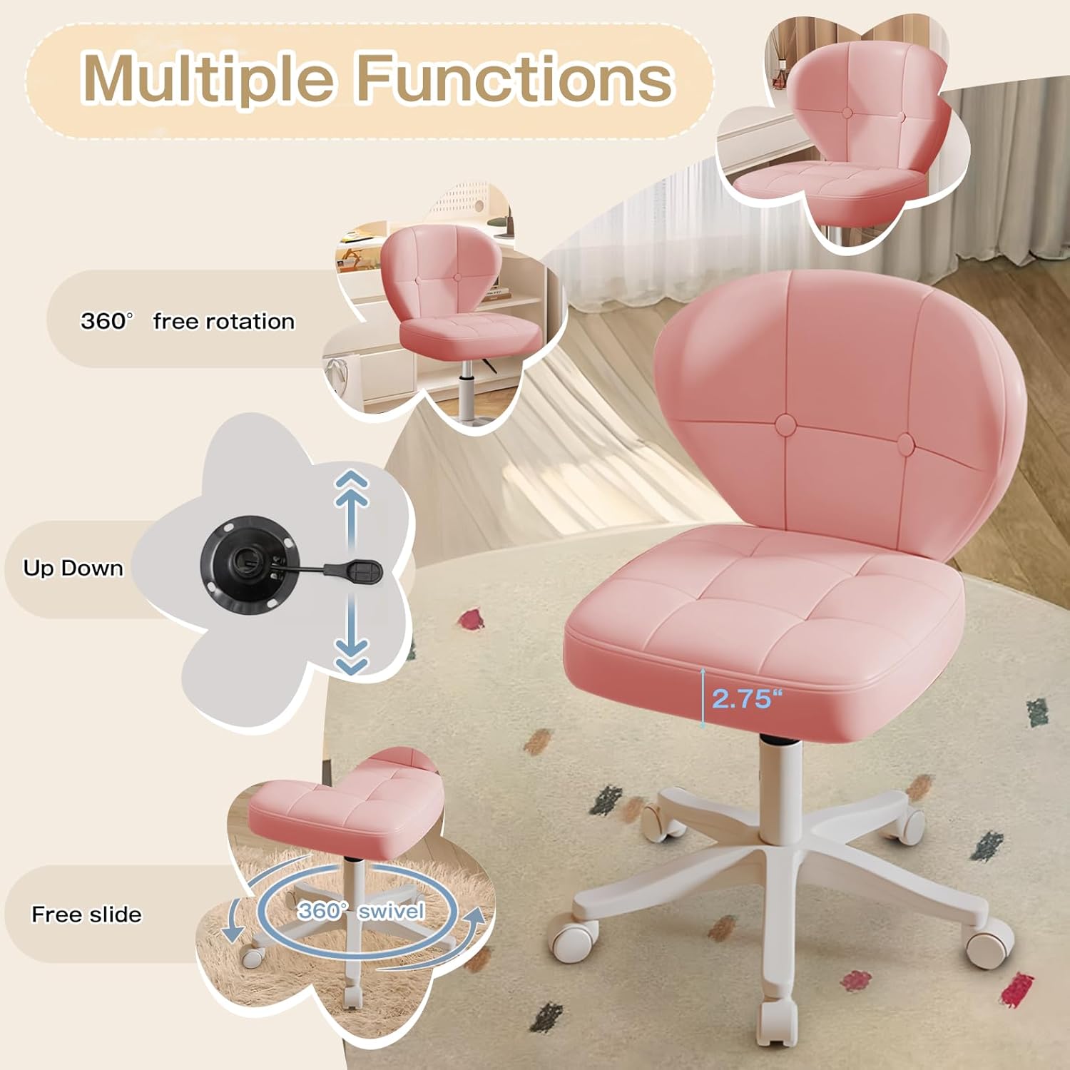 Vanity Chair with Back – Small Armless Office Chair with Wheels, Lumbar Support, PU Leather, Adjustable Height, 360° Swivel for Home, Bedroom, Office Pink Set of 1