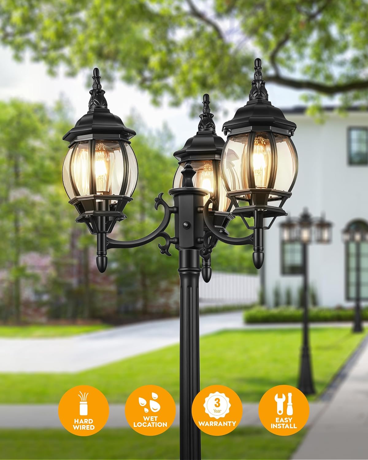 NEW / OPEN BOX VIANIS 3-Head Outdoor Lamp Post Light with Outlet, Triple Head Black Street Light Pole with Dusk to Dawn Sensor, Waterproof 100%