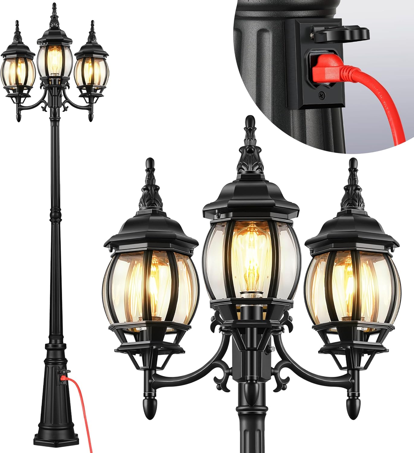 NEW / OPEN BOX VIANIS 3-Head Outdoor Lamp Post Light with Outlet, Triple Head Black Street Light Pole with Dusk to Dawn Sensor, Waterproof 100%