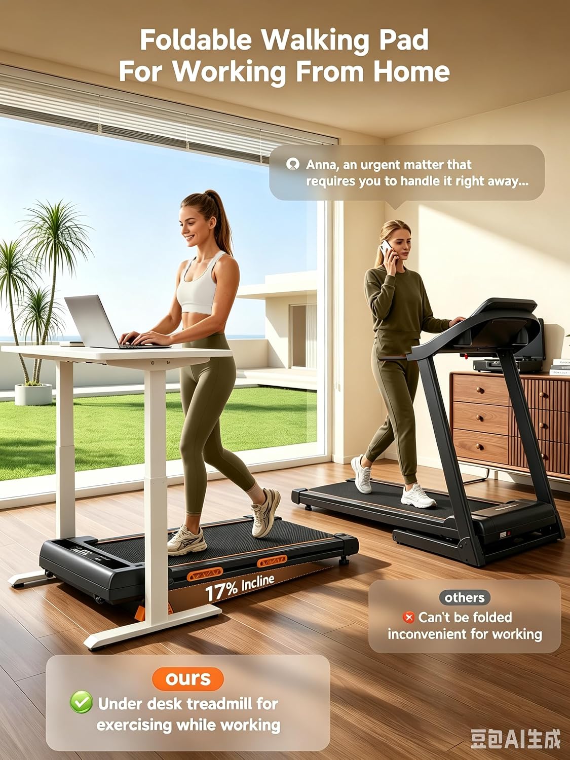 Walking Pad Treadmill with 17% Manual Incline, Quiet Under Desk Treadmills for Home & Office, Compact Foldable Treadmill with Handles and 3.0HP Brushless