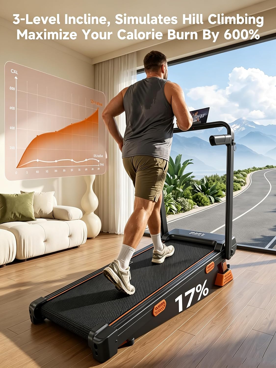 Walking Pad Treadmill with 17% Manual Incline, Quiet Under Desk Treadmills for Home & Office, Compact Foldable Treadmill with Handles and 3.0HP Brushless