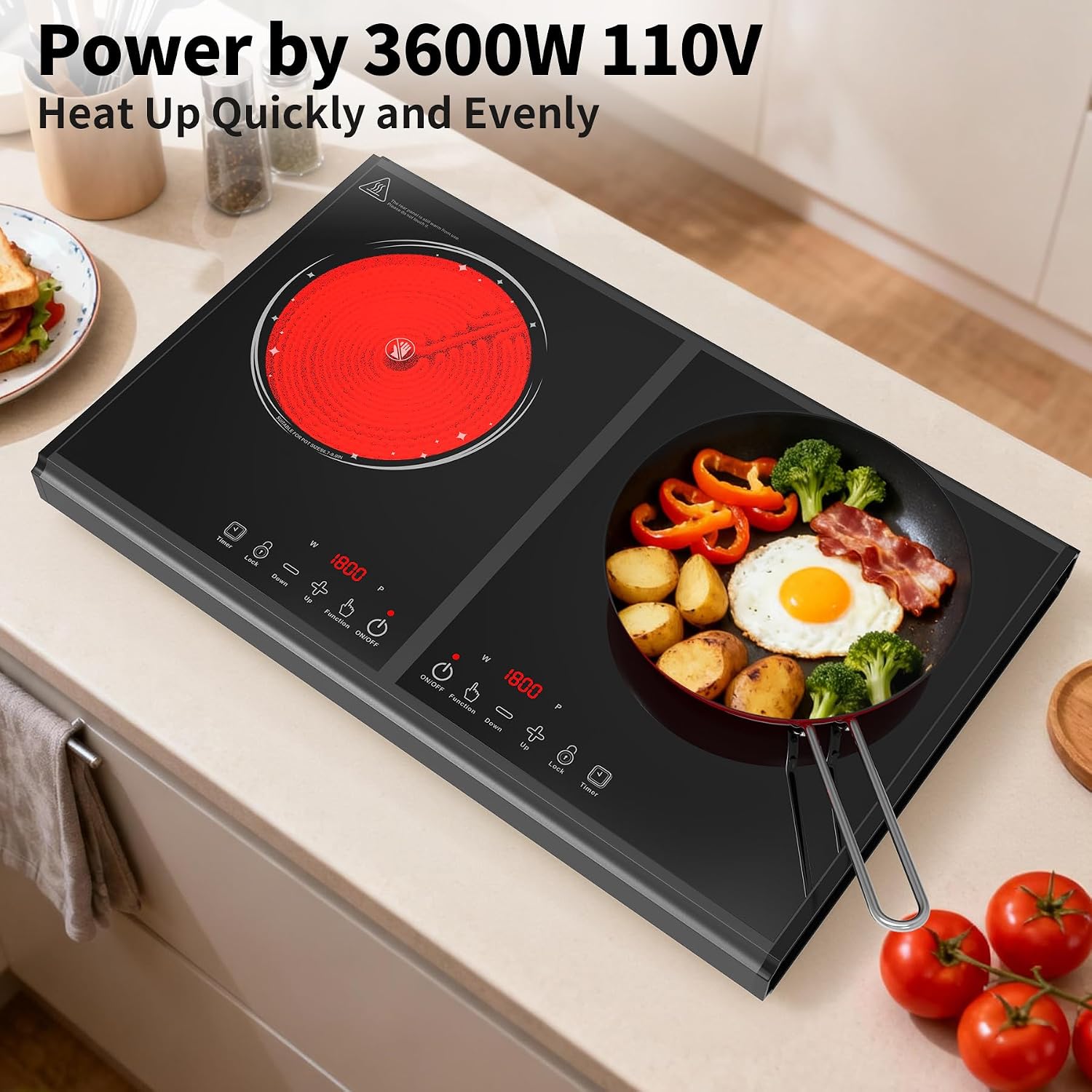 VBGK Electric Cooktop, 110V 3600w Stove top, 22 inch Countertop with 9 Power Levels, LED touch control Overheat Protection